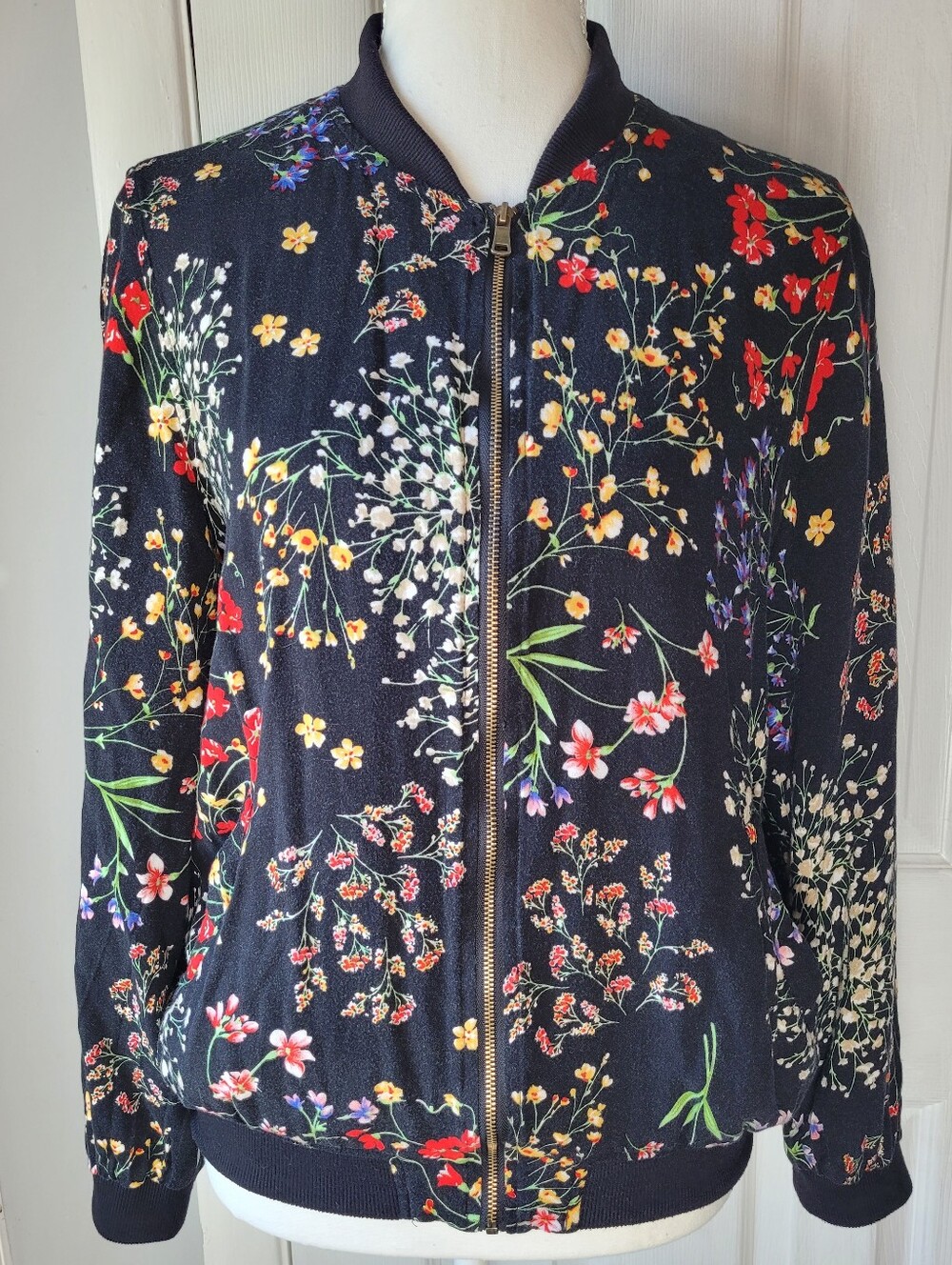 Cynthia Rowley Botanical Wildflower Floral Bomber Jacket Black Rayon S